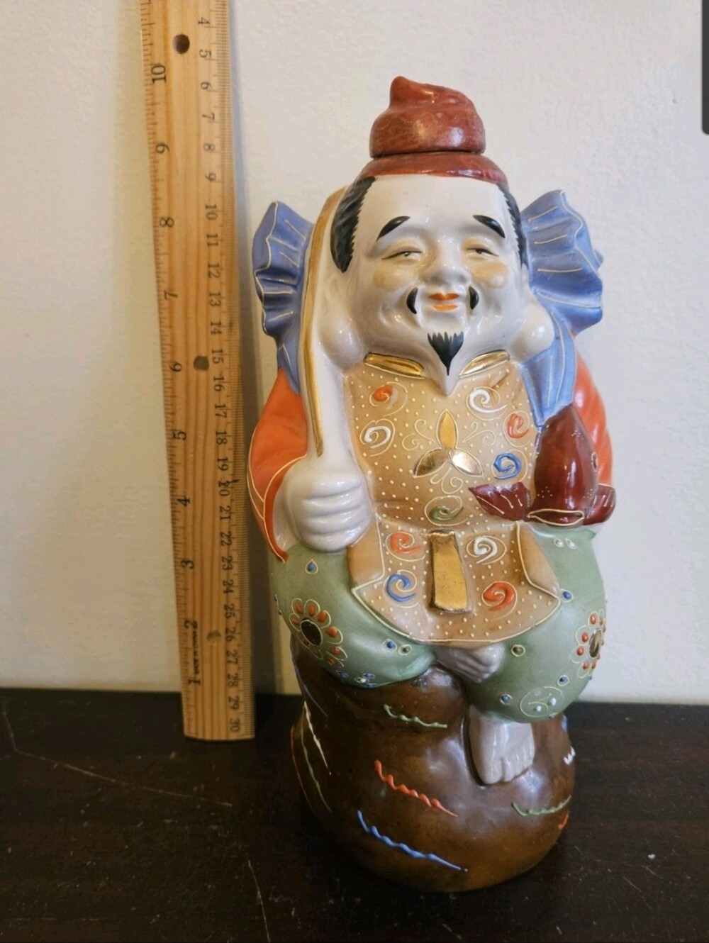 Vtg Kamotsuru Sake Decanter Japanese Ebisu God Of Luck Moriage Porcelain Cap 60s